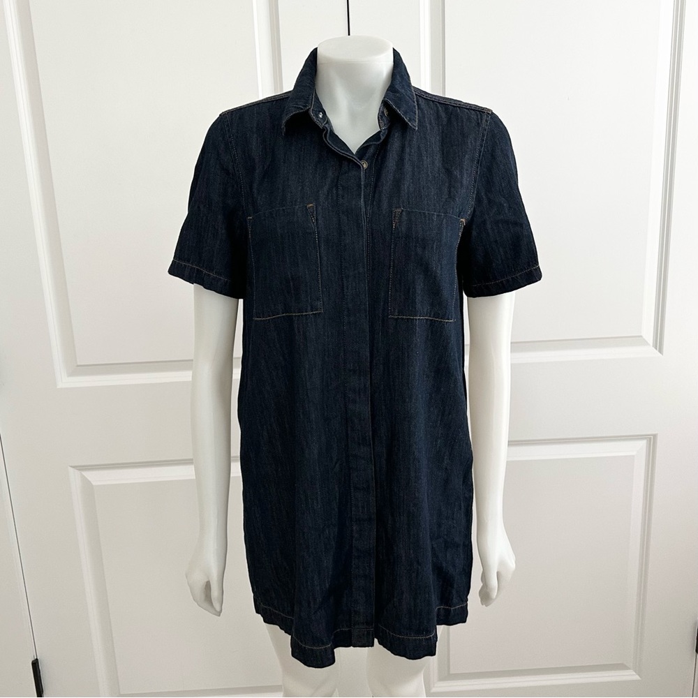 Fall Dark Wash Denim Short Sleeve Shirt Dress - Western
